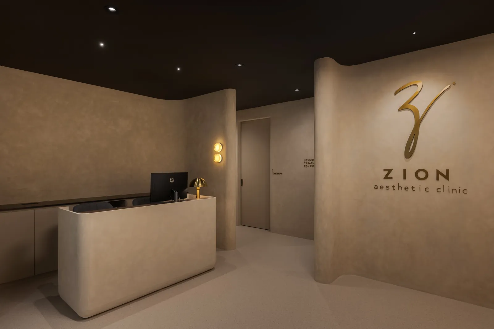 Rooms for Renewal: reception desk and the Zion logo on a curved plaster wall under a dark ceiling
