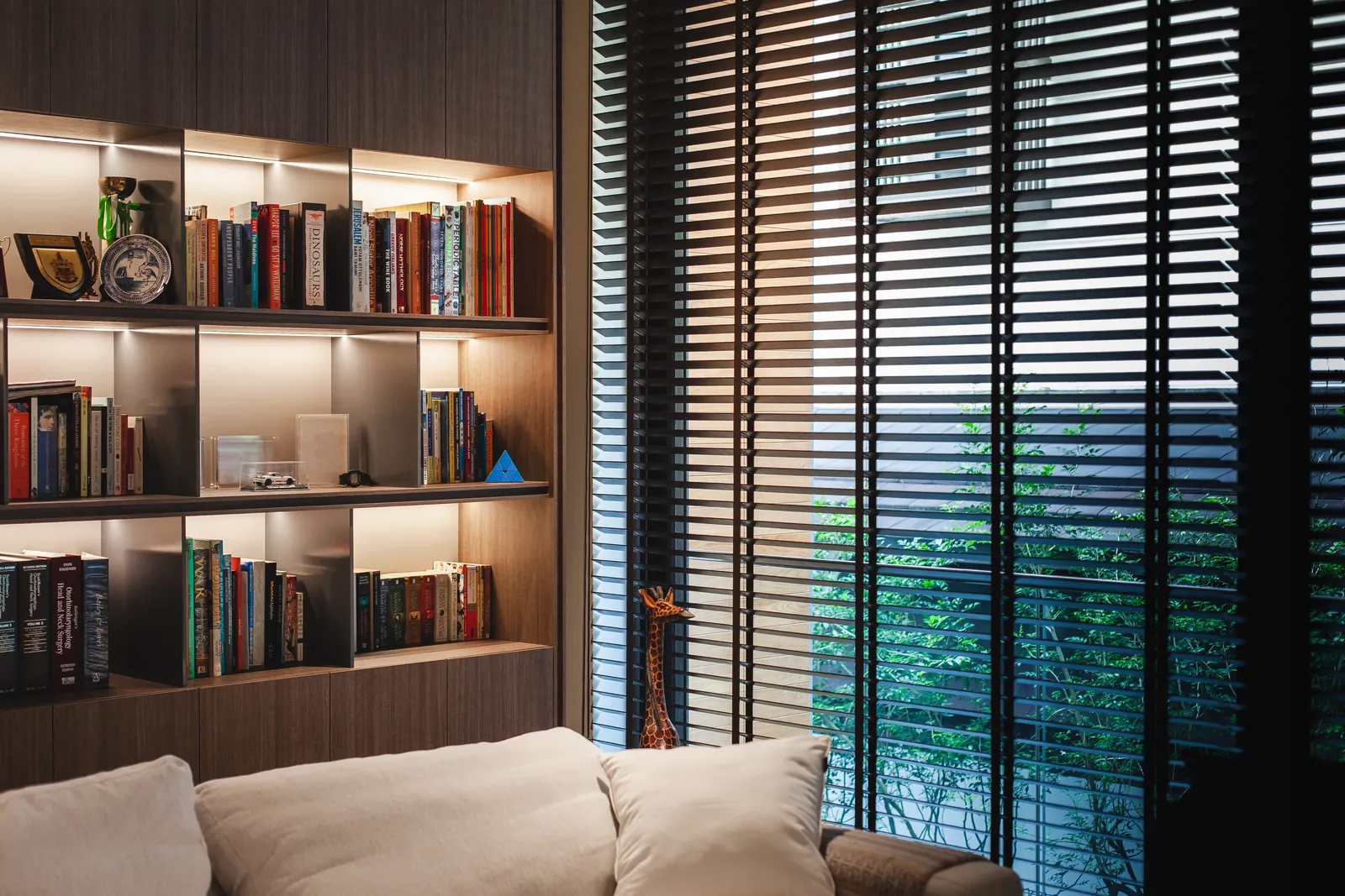 House of the Collector: lit bookshelves beside timber blinds, with planting outside